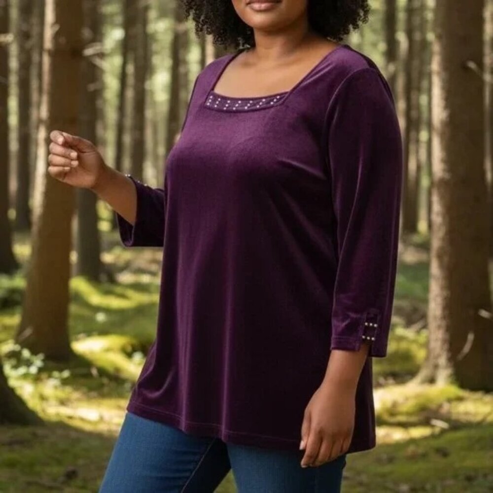Quacker Factory NEW Velvet Rhinestone Embellished Top Blouse Sz 1X Purple